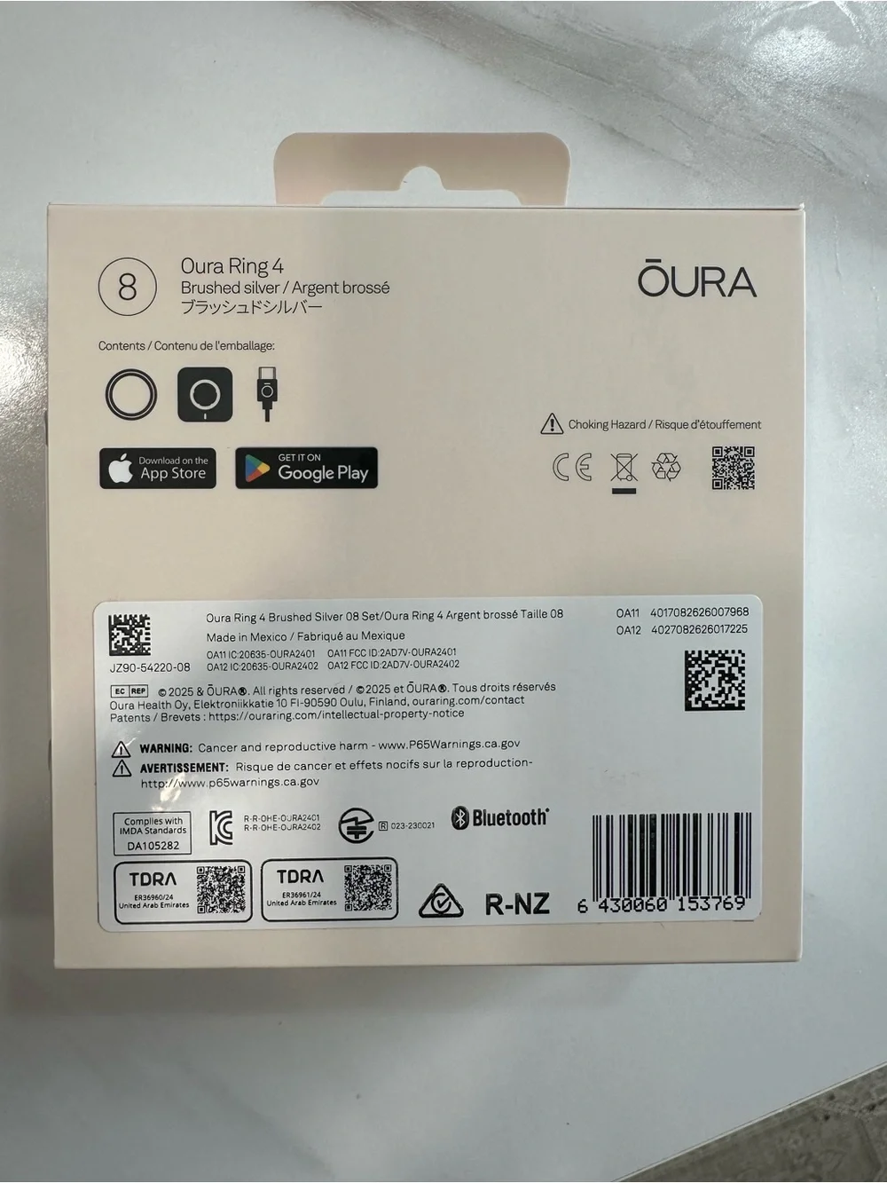 Oura Ring 4 - Brushed Silver Smart Ring Size 8